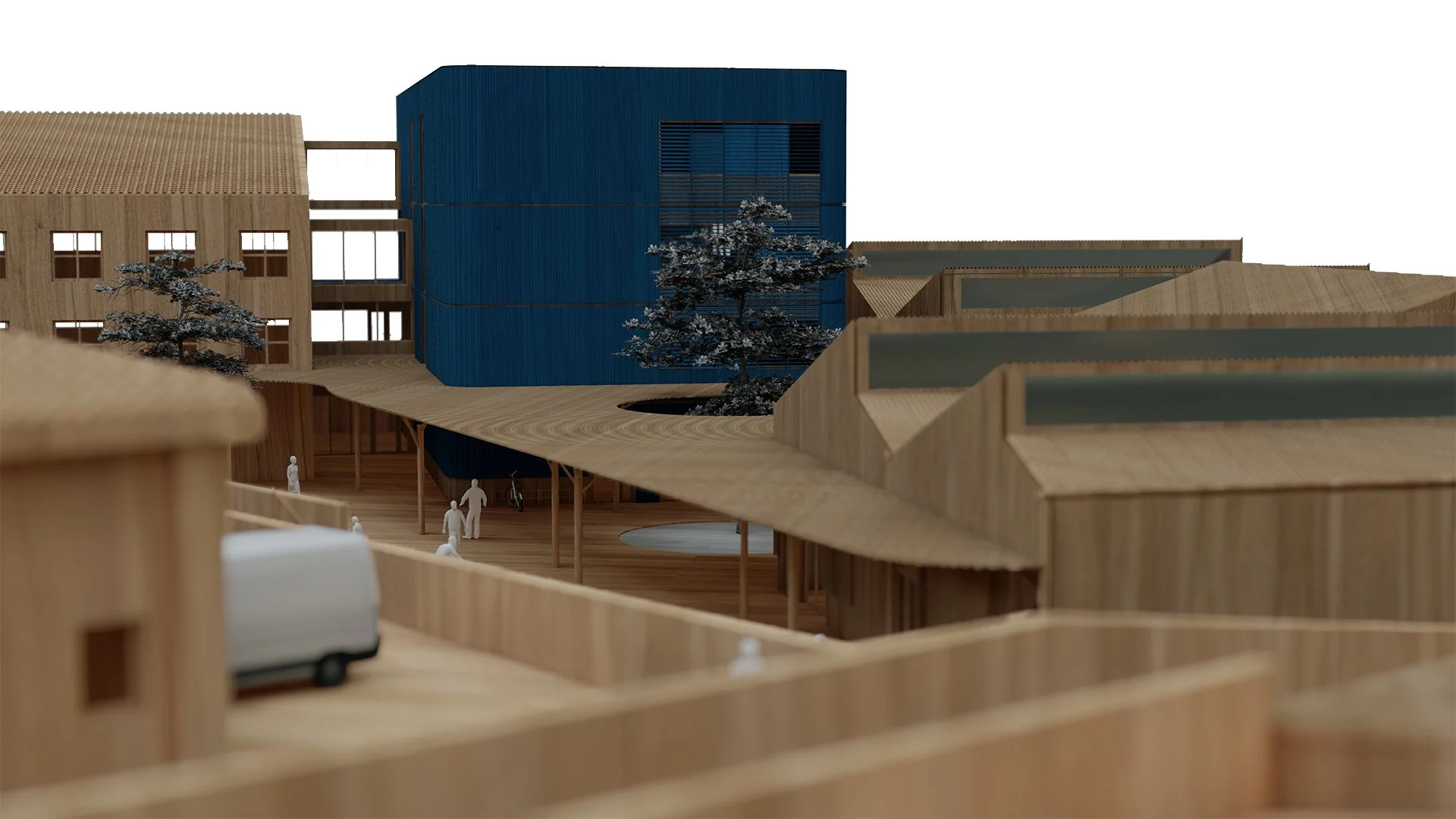 Vista 3D desde patio interior destacando las fachadas de madera y el bloque azul.